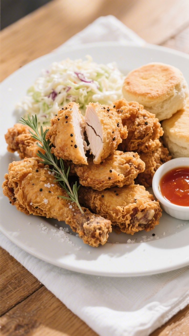 Final dish presentation: Beautifully plated southern fried chicken assortment (drumsticks, thighs, h