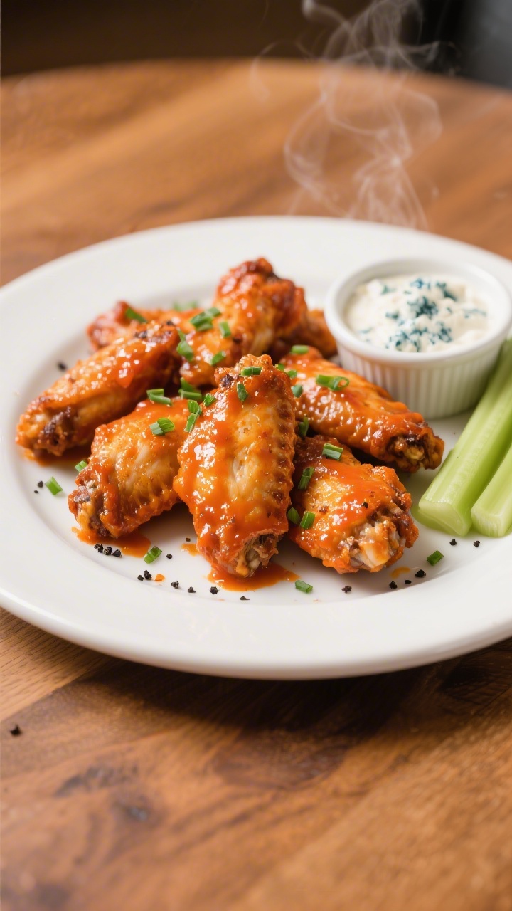 Final dish presentation: Crispy oven-baked chicken wings tossed in buffalo sauce, lacquered sheen an