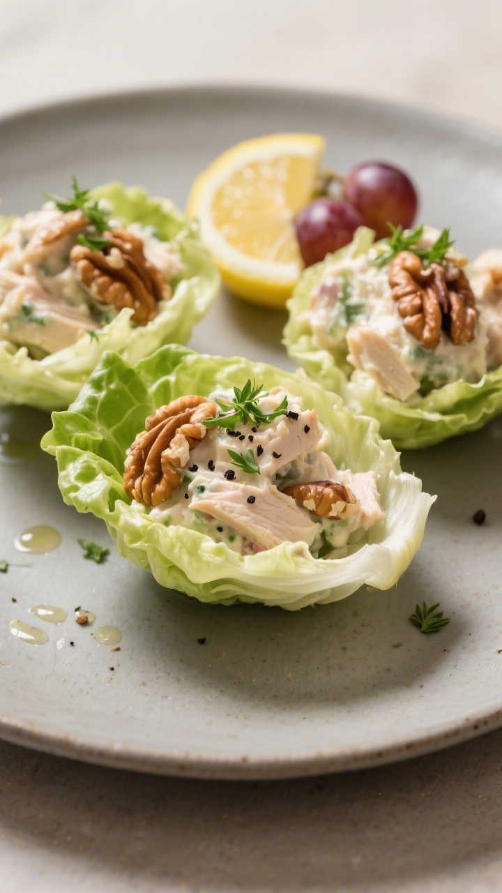 Final dish presentation — Elegant lettuce-cup Waldorf chicken salad plated on a matte ceramic plat
