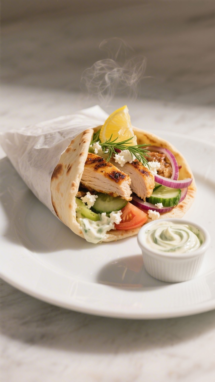 Final dish presentation: Fully assembled Greek chicken gyro wrapped in parchment, slightly open to r