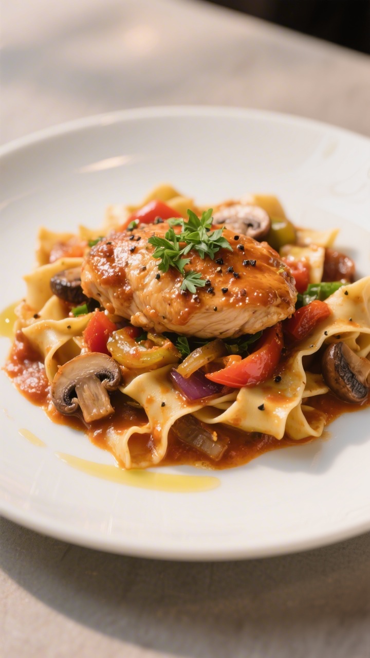 Final dish presentation: Restaurant-quality plate of chicken cacciatore over al dente pappardelle, s