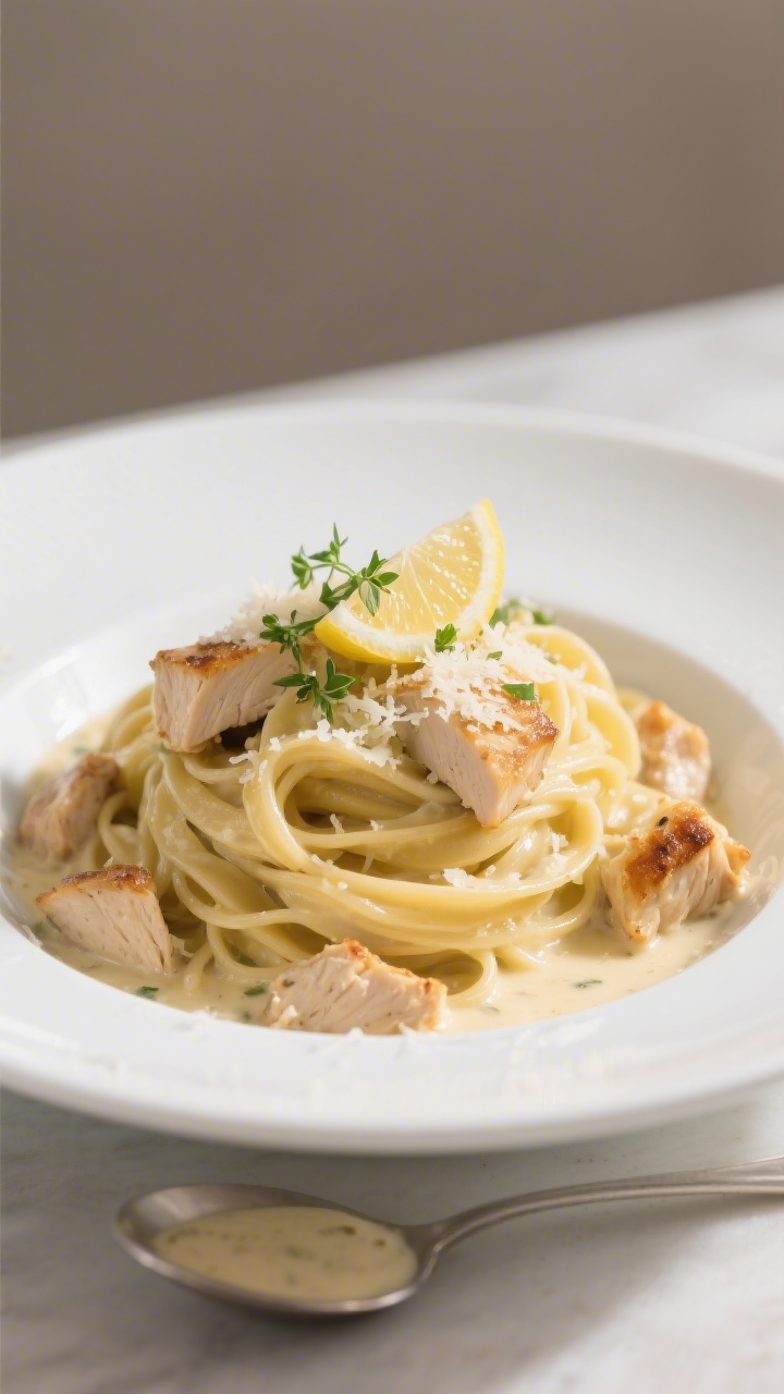 Final dish presentation: Restaurant-quality plate of baked chicken fettuccine alfredo twirled into a