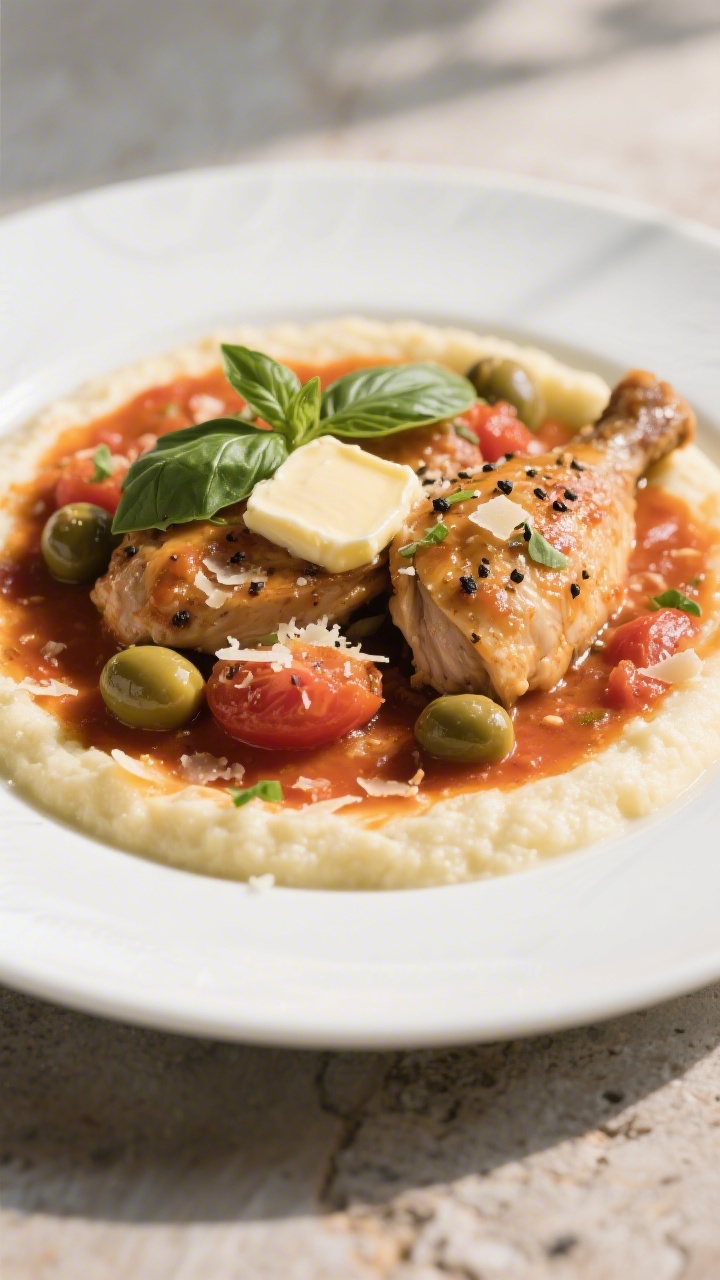 Final dish presentation: Restaurant-quality plate of Chicken Tomatoes with creamy polenta. The sauce