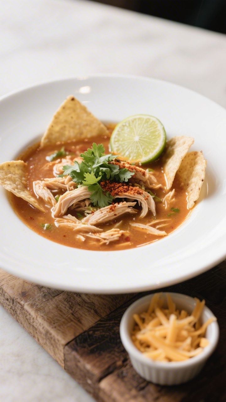Final dish presentation: Restaurant-quality plated chicken tortilla soup in a wide, shallow white bo