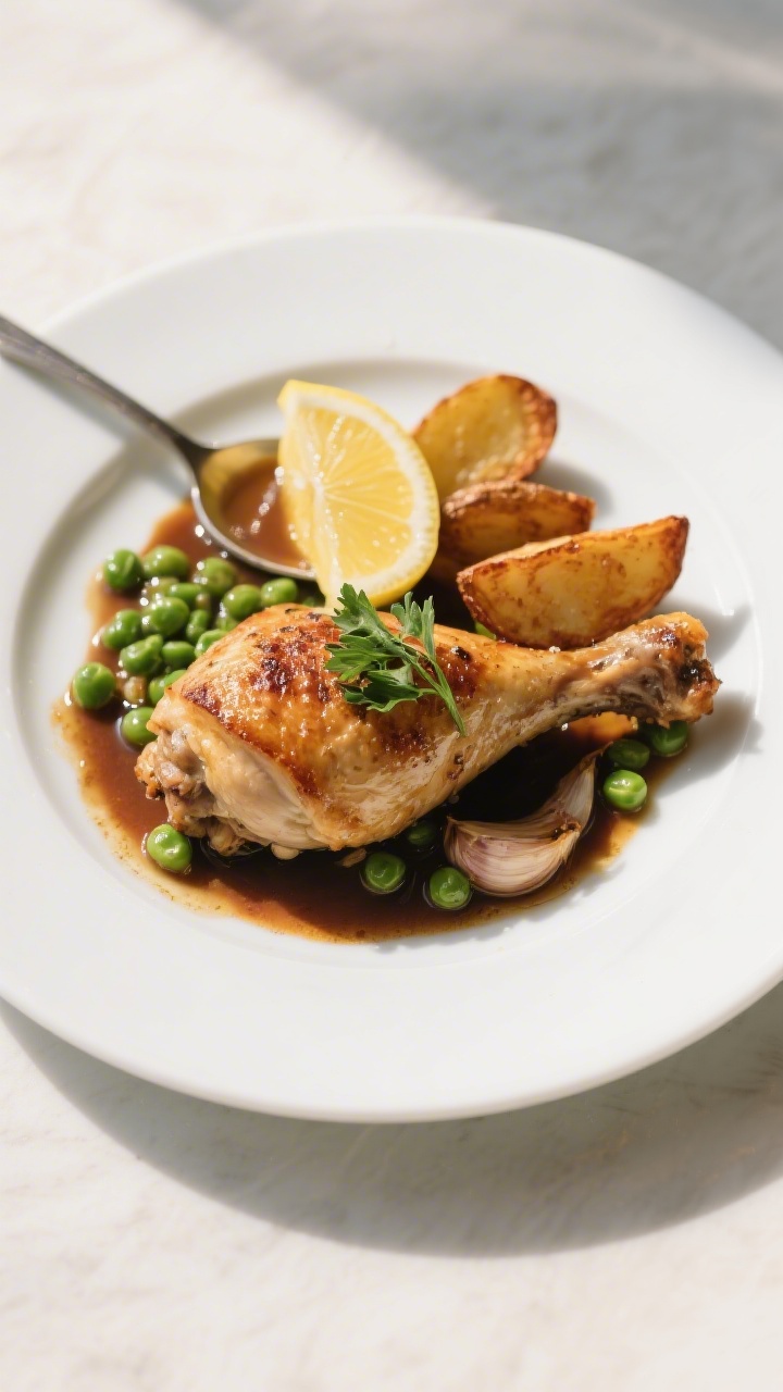 Final dish presentation: Restaurant-quality plated Chicken Vesuvio—one thigh with crackling skin,