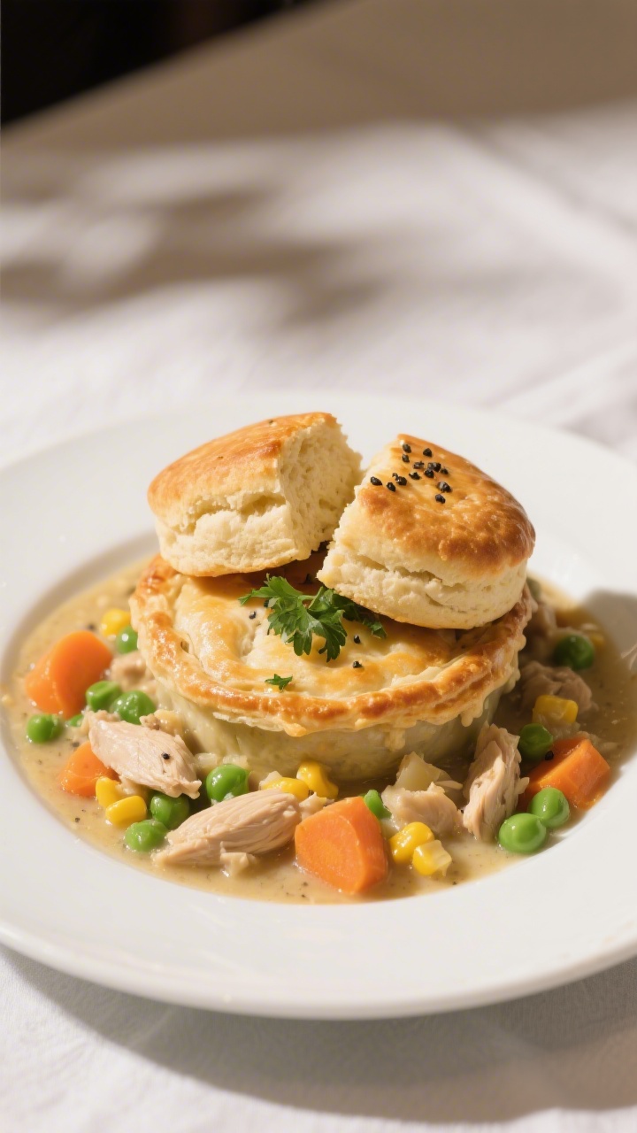 Final dish presentation: Restaurant-quality plated serving of Chicken Pot Pie with Biscuits—one sp
