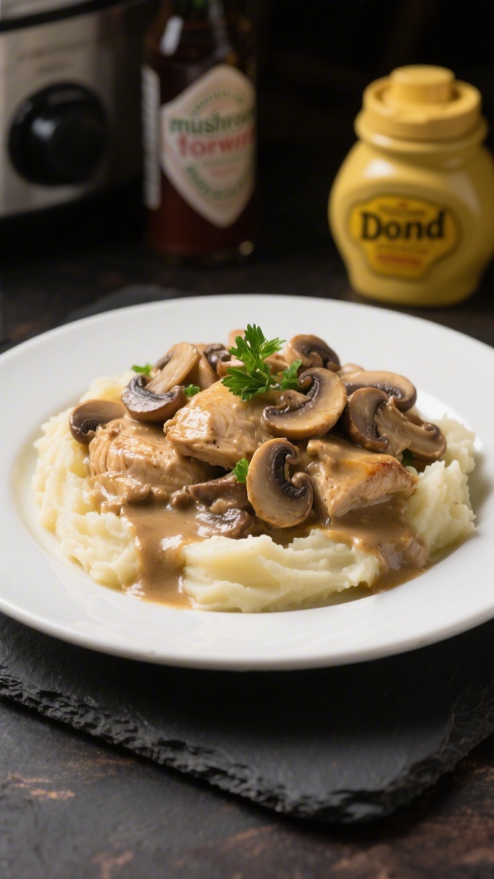 Final dish presentation: Restaurant-quality plated crockpot chicken stroganoff served over buttery m