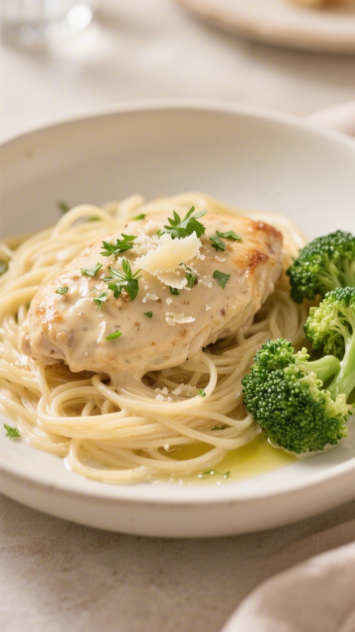 Final dish presentation: Restaurant-quality plating of creamy crock pot angel chicken over a bed of