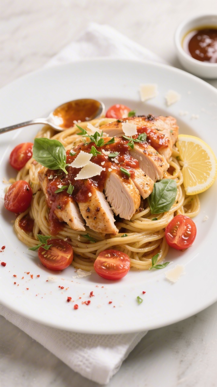 Final dish presentation: Restaurant-quality plating of Chicken with Cherry Tomatoes over al dente sp