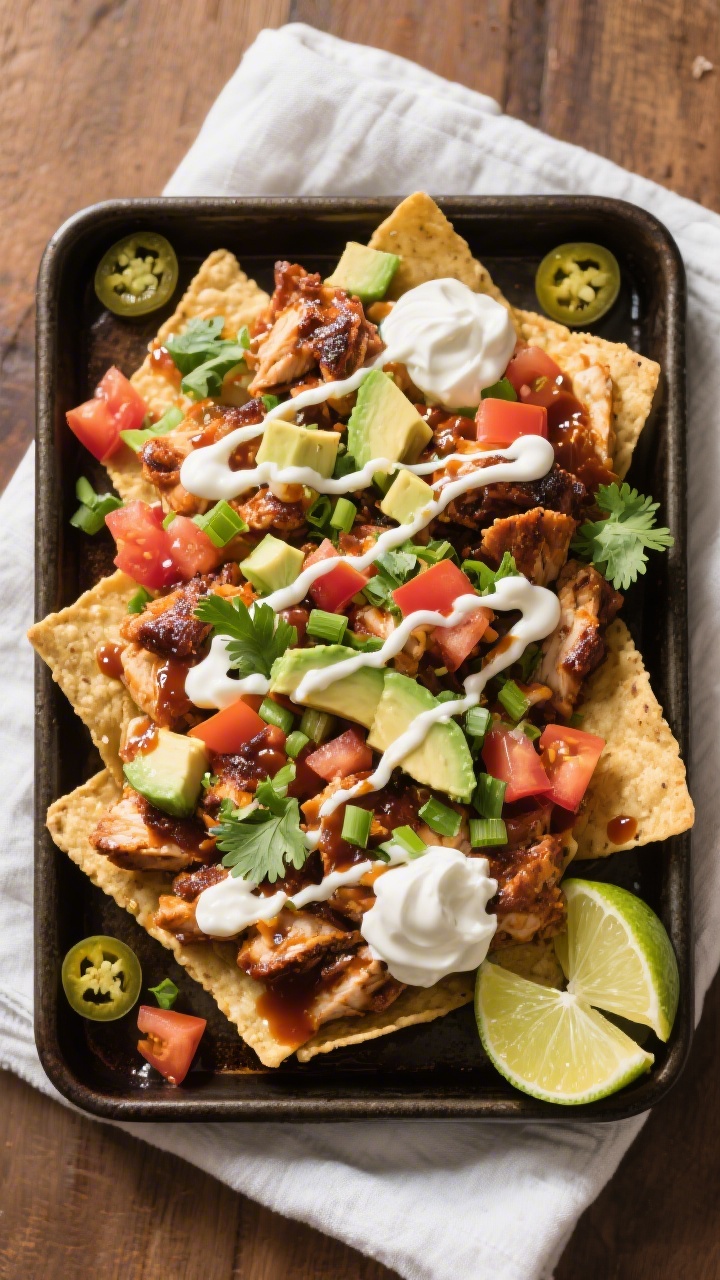 Final dish presentation: Restaurant-quality, top-down hero shot of fully loaded BBQ chicken nachos s