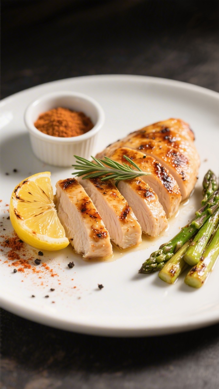 Final dish presentation: Sliced grilled chicken breasts fanned on a matte white plate, perfectly moi