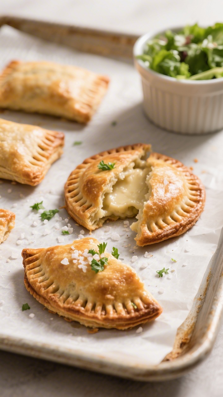 Final dish presentation: Tasty of individual hand pies arranged on parchment over a sheet pan—unif
