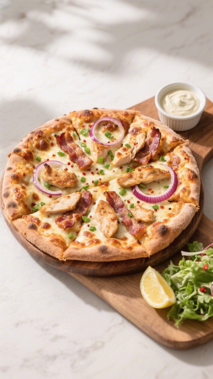 Final dish top view — Overhead hero shot of the fully baked chicken bacon ranch pizza on a wooden