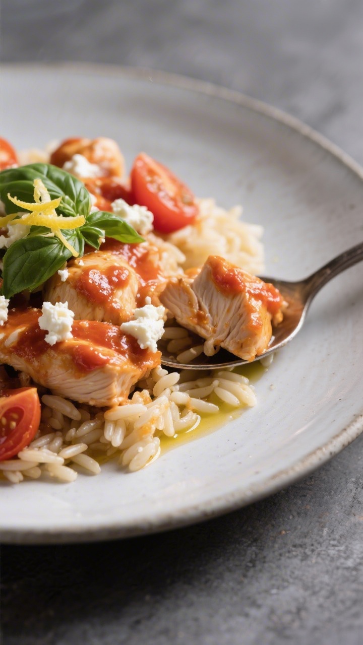 Final plated beauty shot (close detail): Spoonable chicken feta tomato over fluffy orzo, juicy chick