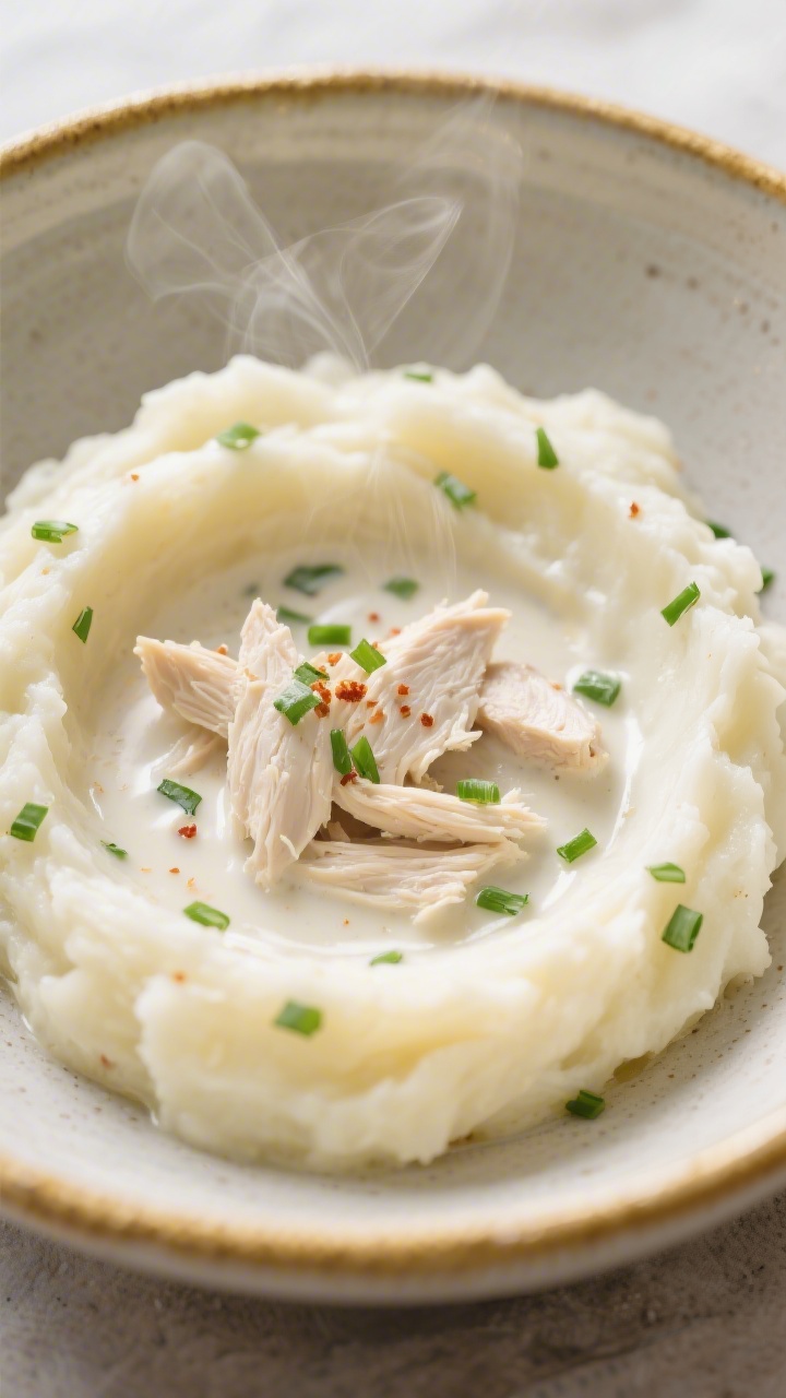 Final plated comfort bowl: Close-up of fluffy mashed potatoes in a shallow ceramic bowl with a well