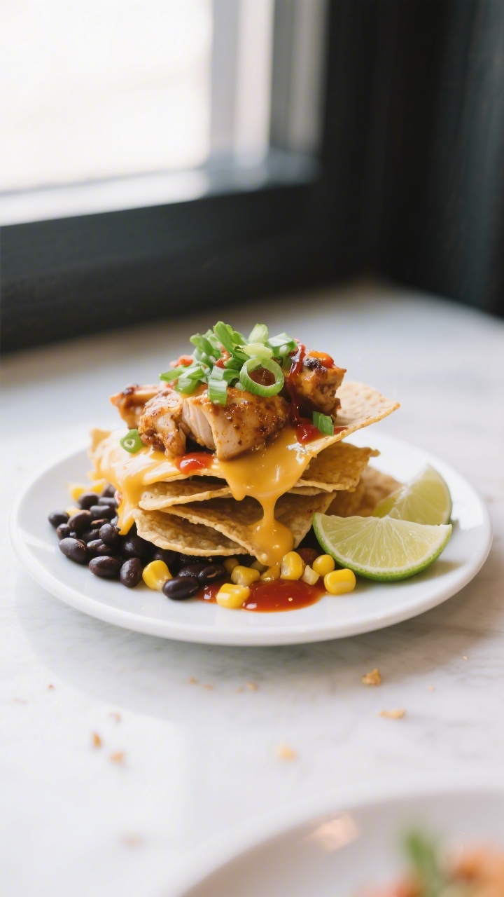 Final plated detail: Restaurant-quality single-serve nacho plate on a white ceramic platter—stacke