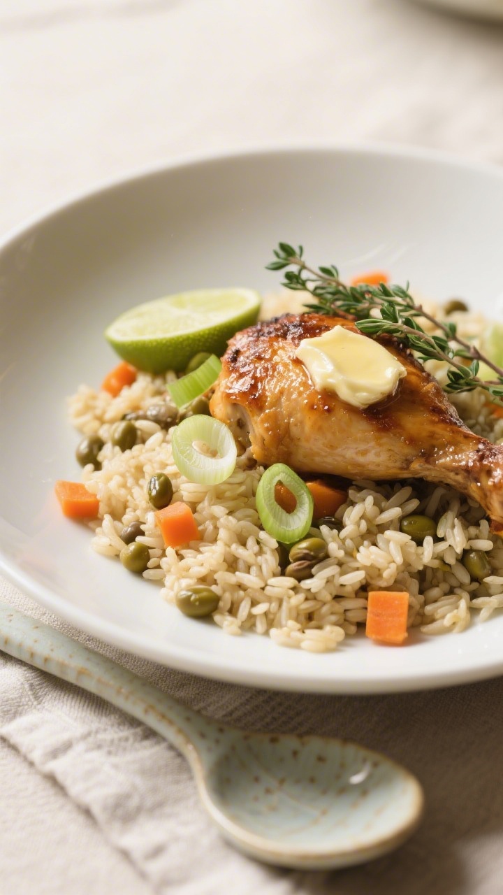 Final plated dish: Beautifully plated chicken pelau in a wide, shallow white bowl—fluffy, separate