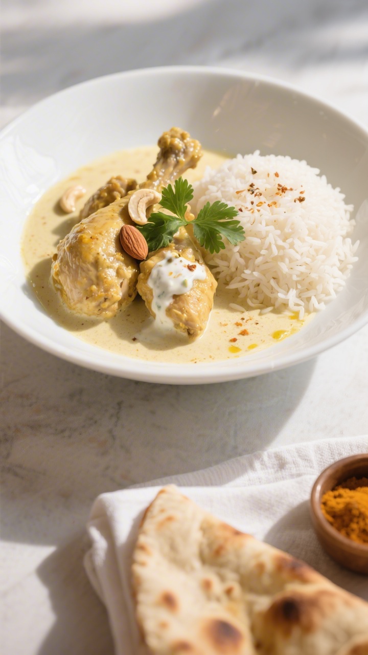 Final plated dish beauty: Restaurant-style chicken korma served in a low, wide white bowl; tender ch