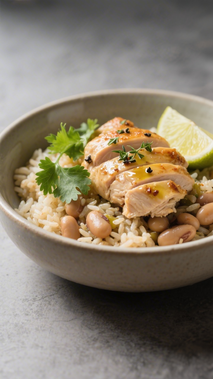 Final plated dish beauty: Single-serve bowl of chicken rice and beans styled restaurant-quality—su