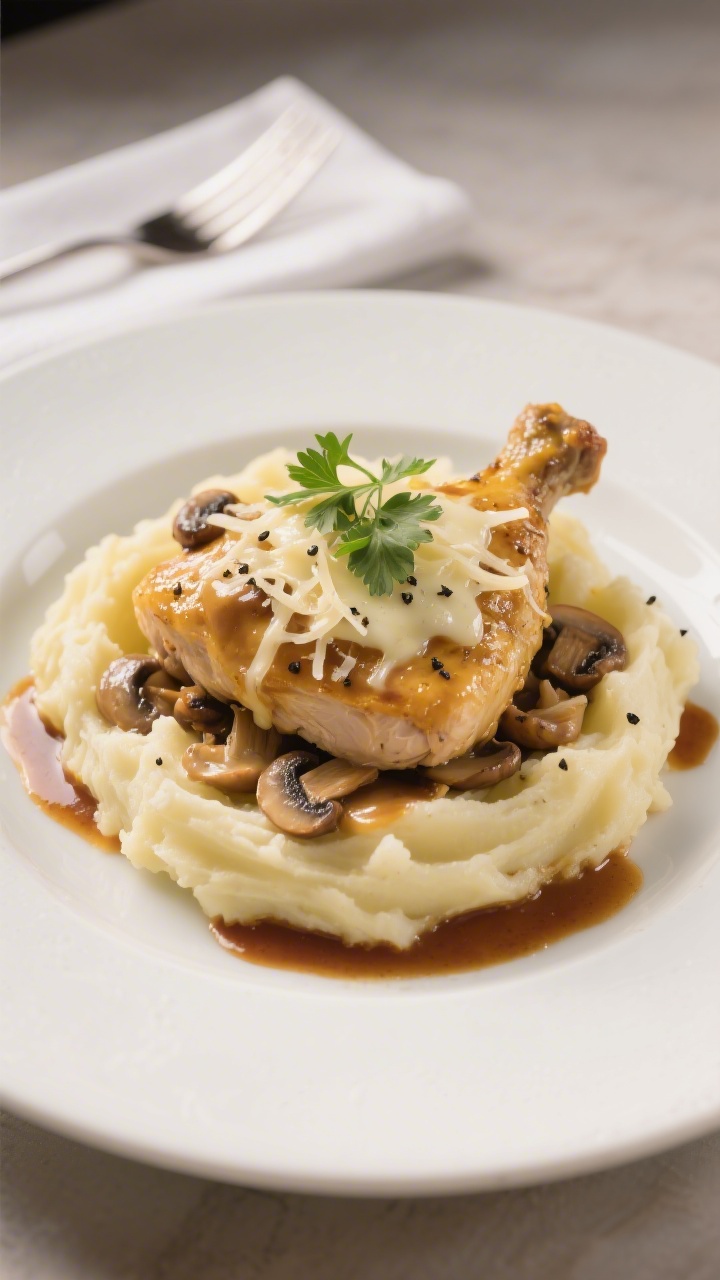 Final plated dish, : Chicken Gloria served over buttery mashed potatoes on a wide white plate, spoon