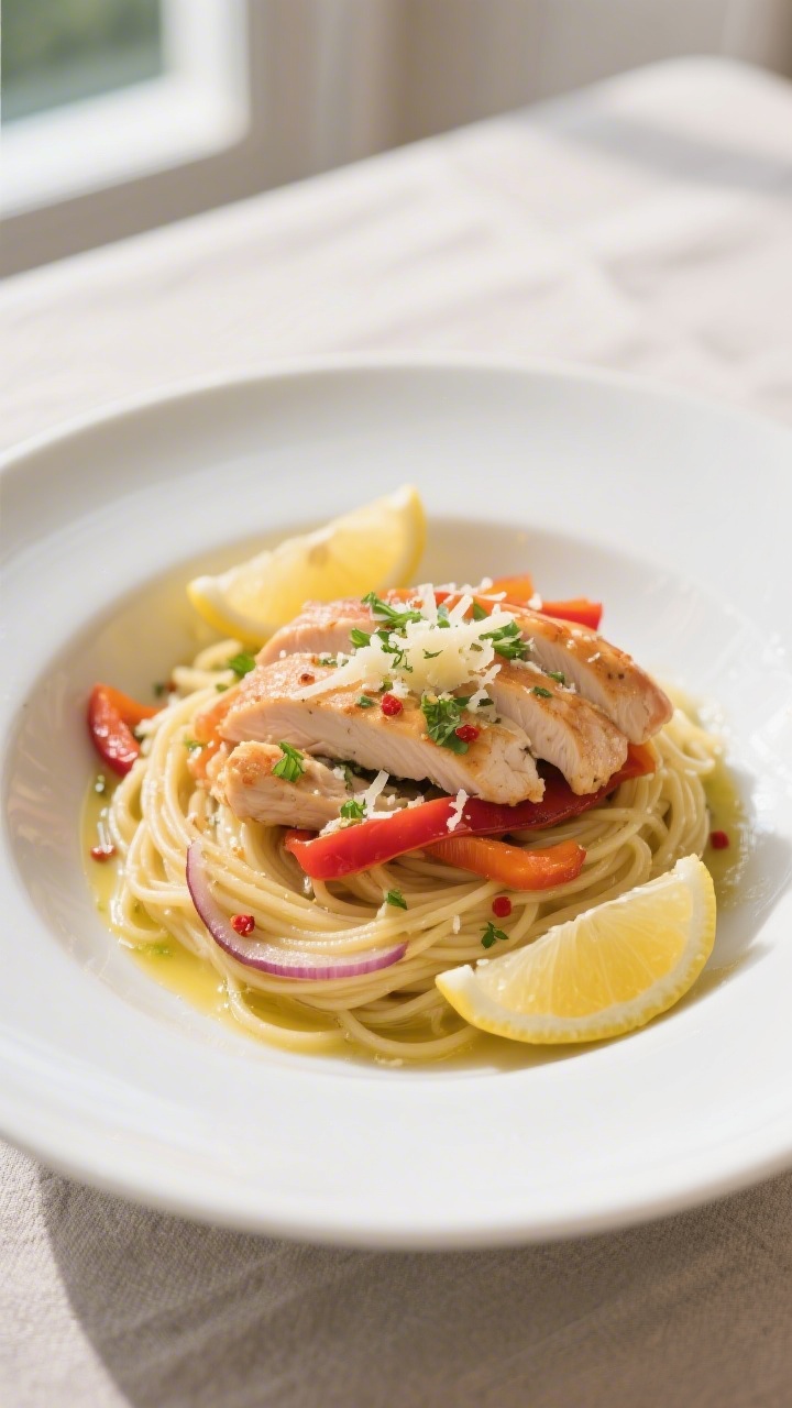 Final plated dish, : Chicken scampi with thin spaghetti twirled into nests on a wide white pasta bow