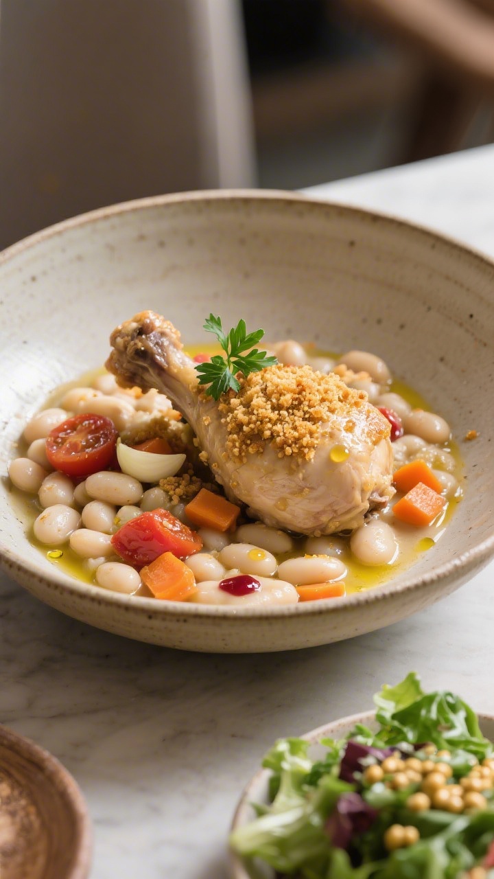 Final plated dish — Cozy bowl presentation: Beautifully plated chicken cassoulet in a wide, shallo