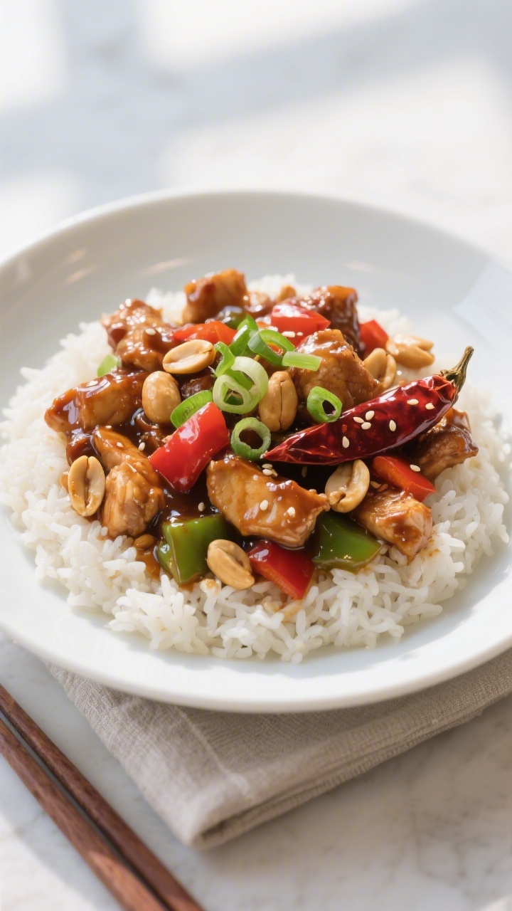 Final plated dish hero shot: Restaurant-quality Chicken Kung Pao mounded over steamed jasmine rice i