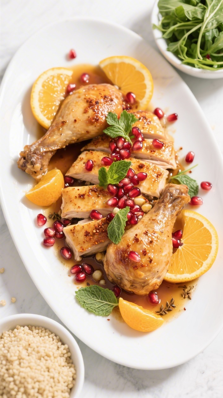 Final plated dish, overhead: Celebration Chicken arranged on a wide white platter, spooned with shin