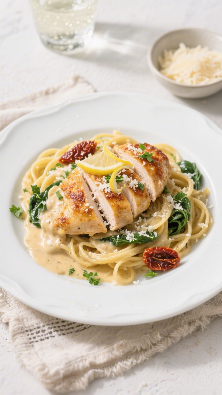 Final plated dish, overhead: Finished Chicken Garlic Parmesan served over al dente fettuccine on a w
