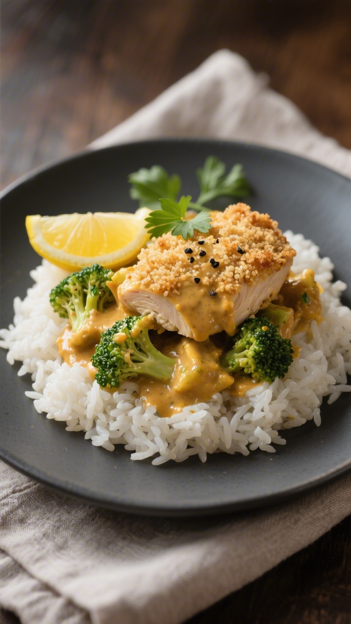 Final plated dish — Restaurant-quality presentation of a generous scoop of Chicken Divan served ov