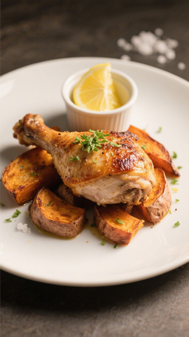 Final plated dish: Restaurant-quality presentation of a single crispy-skinned chicken thigh atop a b