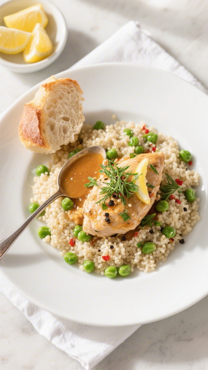 Final plated dish: Restaurant-quality presentation of Chicken Peas over fluffy couscous on a wide, w