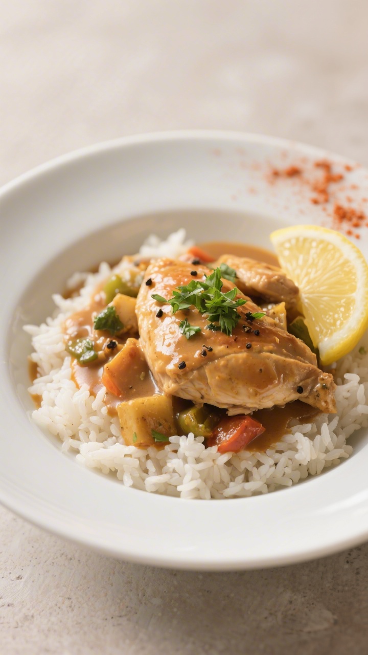 Final plated dish: Restaurant-quality presentation of chicken pastel served ladled over steamed jasm