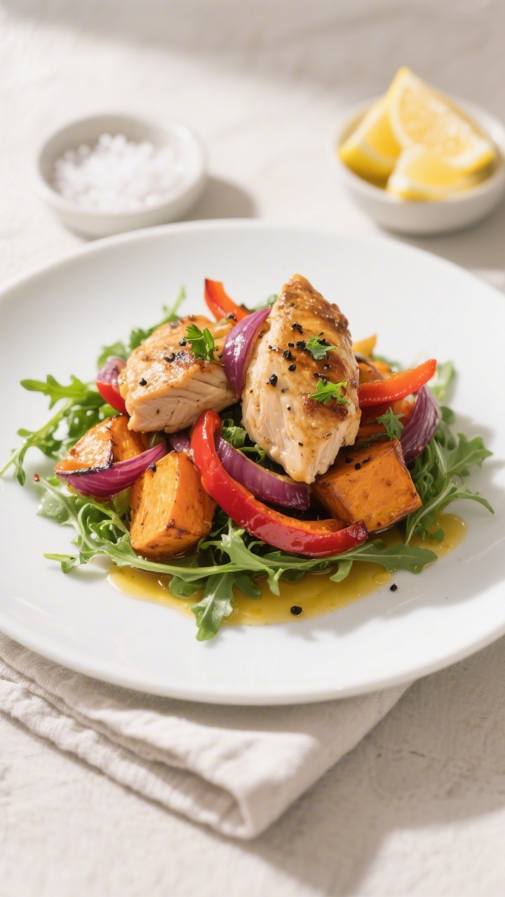 Final plated dish, restaurant-quality presentation: Chicken and Sweet Potatoes with roasted red onio