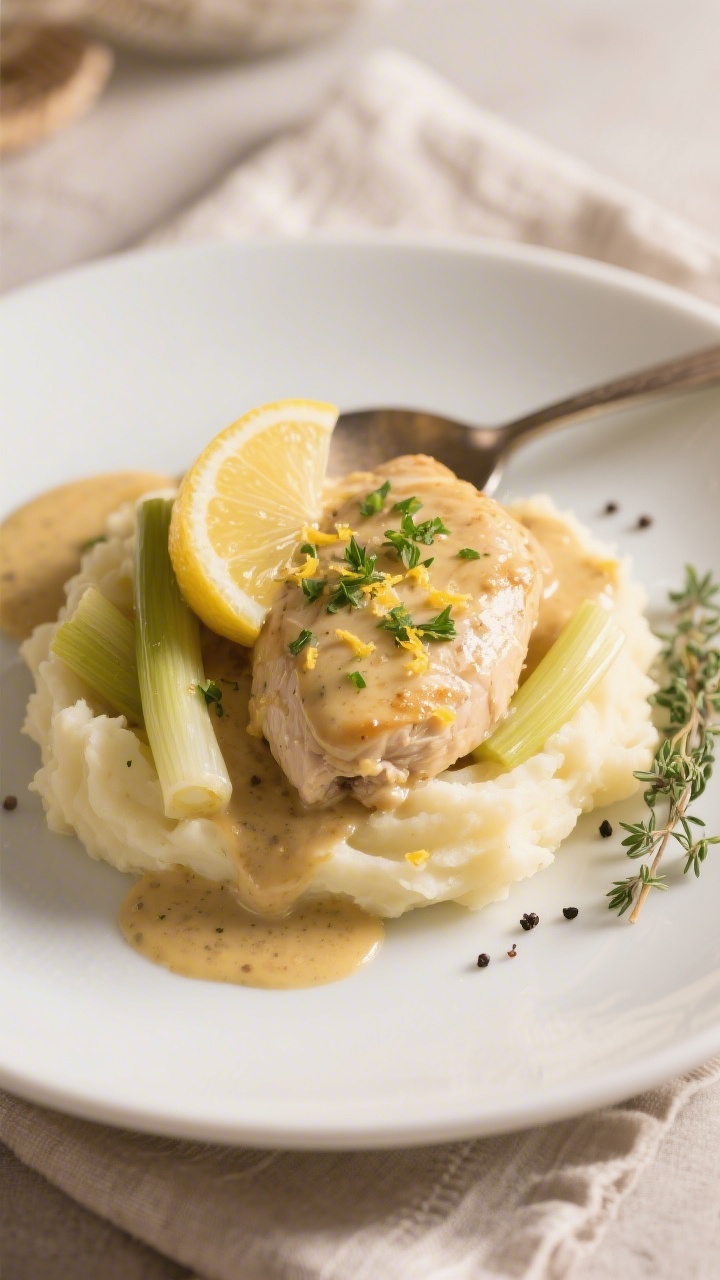 Final plated dish, restaurant-quality: Tender chicken and leeks in a silky cream-and-Dijon sauce spo