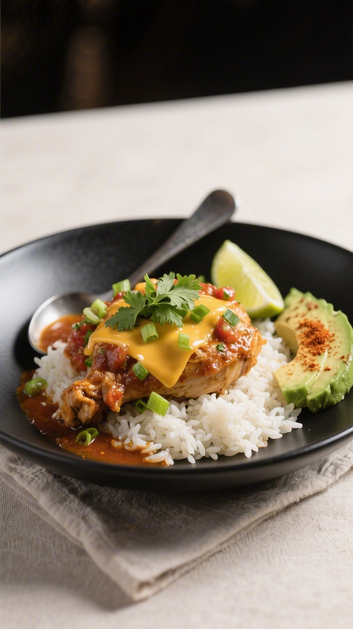 Final plated dish, restaurant-style: Chicken salsa spooned over fluffy white rice in a wide, matte b