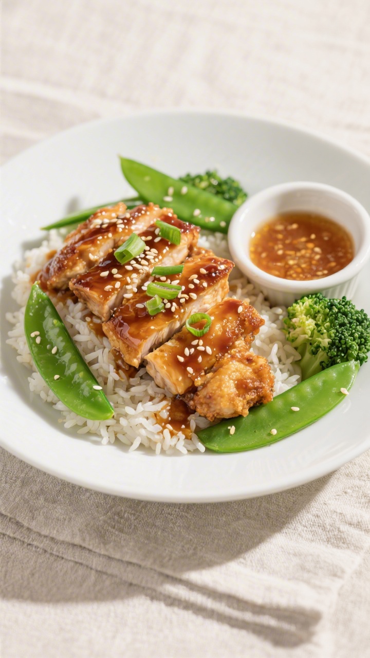 Final plated dish: Restaurant-style presentation of crispy honey chicken over steamed jasmine rice w