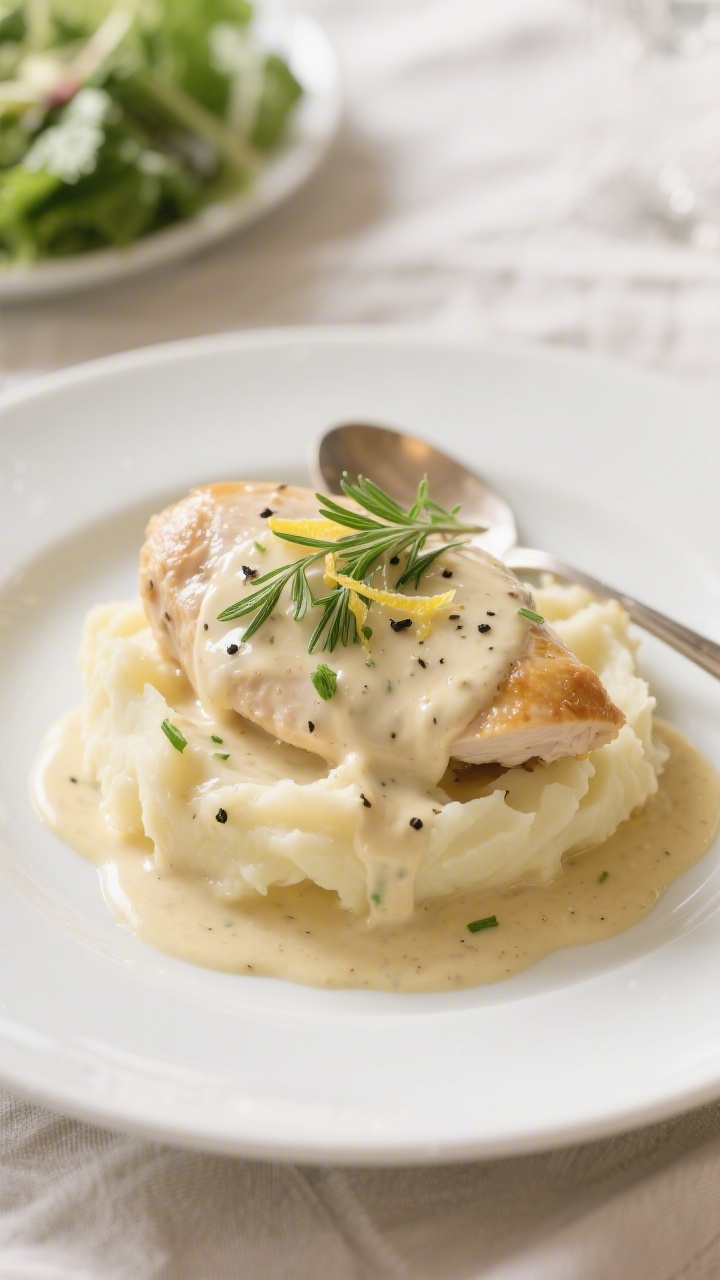 Final plated dish, : Tarragon chicken in a silky, ivory cream-Dijon sauce spooned over velvety mashe