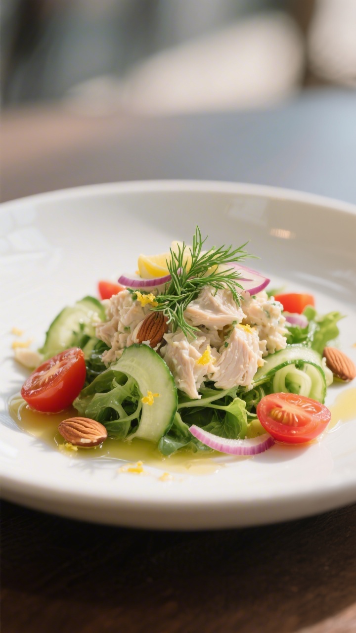 Final plated elegance: Beautifully plated dill chicken salad scooped over mixed greens with cucumber