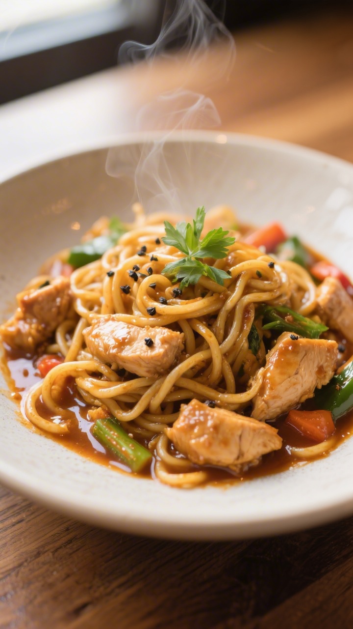 Final plated hero: Beautifully plated saucy chicken Maggi, noodles glossy and just-set, strands lift