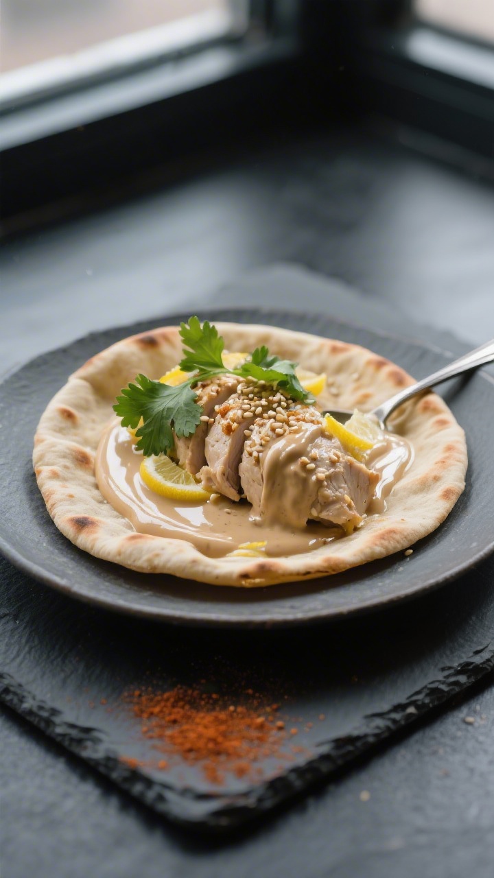 Final plated hero: Restaurant-quality presentation of tahini chicken spooned into warm flatbreads, s