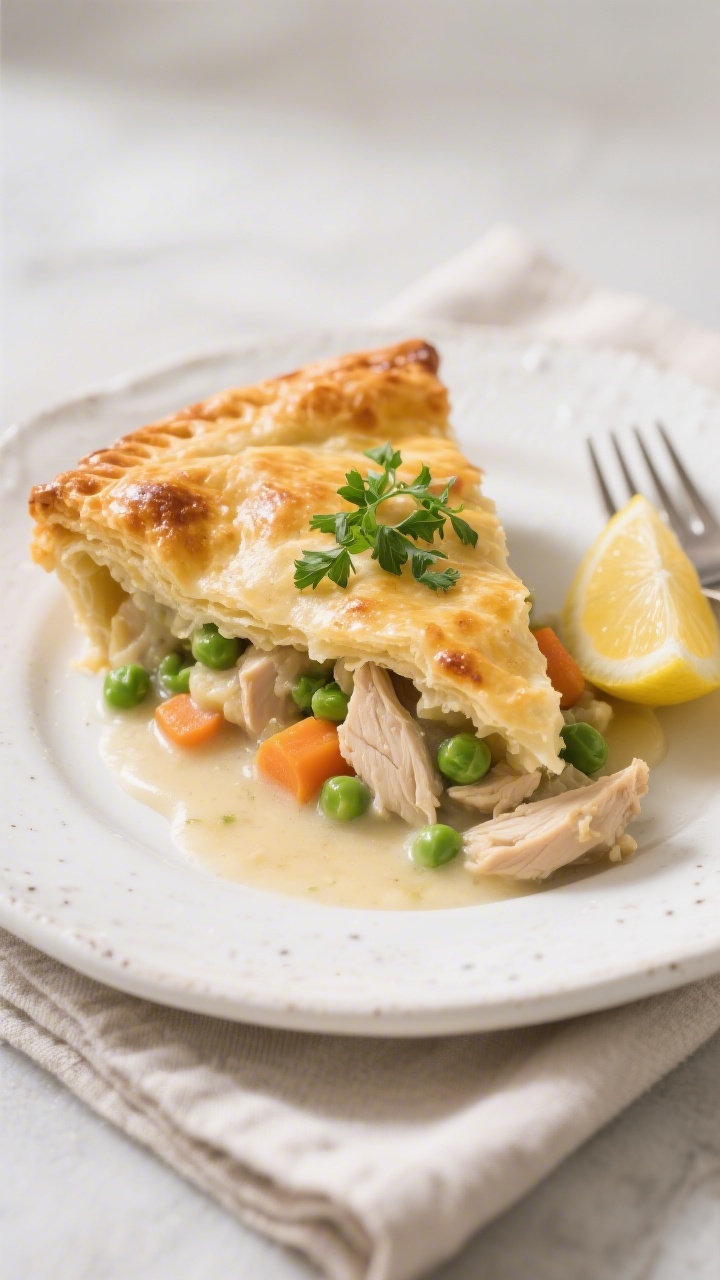 Final plated hero shot: A generous slice of golden, flaky-crusted chicken potpie on a white stonewar