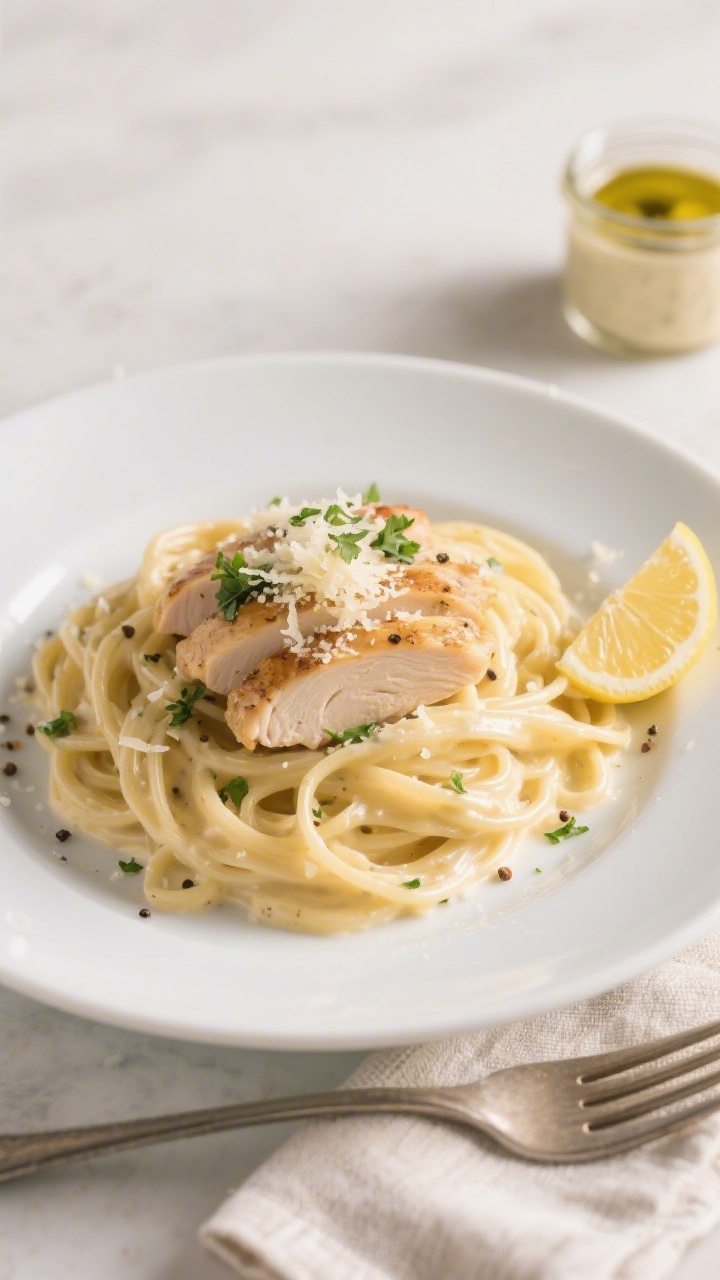 Final plated hero shot: Chicken Alfredo with jar sauce elegantly twirled into a nest on a wide white