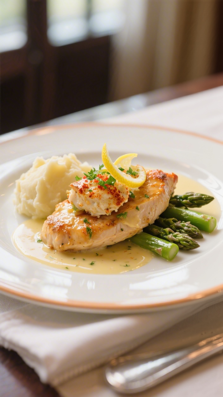 Final plated hero shot: Chicken Chesapeake plated restaurant-style on a warm white rimmed plate, cra