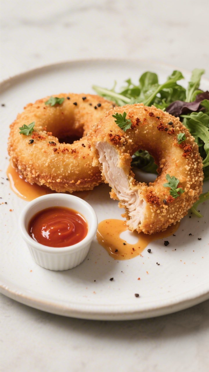 Final plated hero shot of two chicken donuts on a white ceramic plate with a light drizzle of sweet