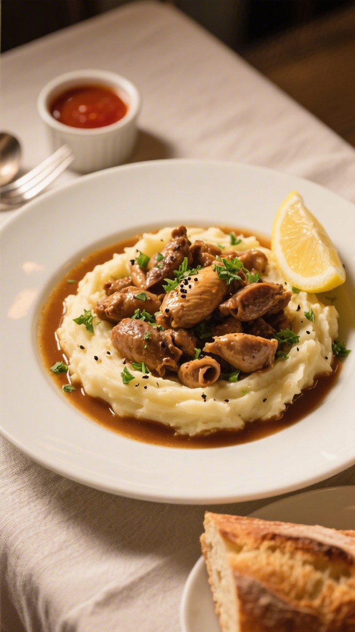 Final plated overhead: Beautifully plated chicken gizzards over creamy mashed potatoes with a shallo