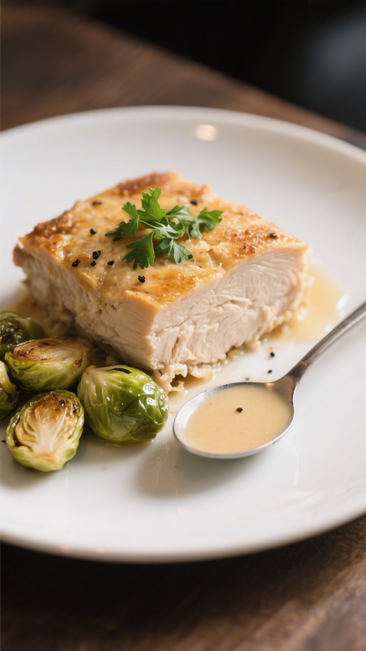 Final plated presentation: A generous square of chicken dressing plated on a matte white dinner plat
