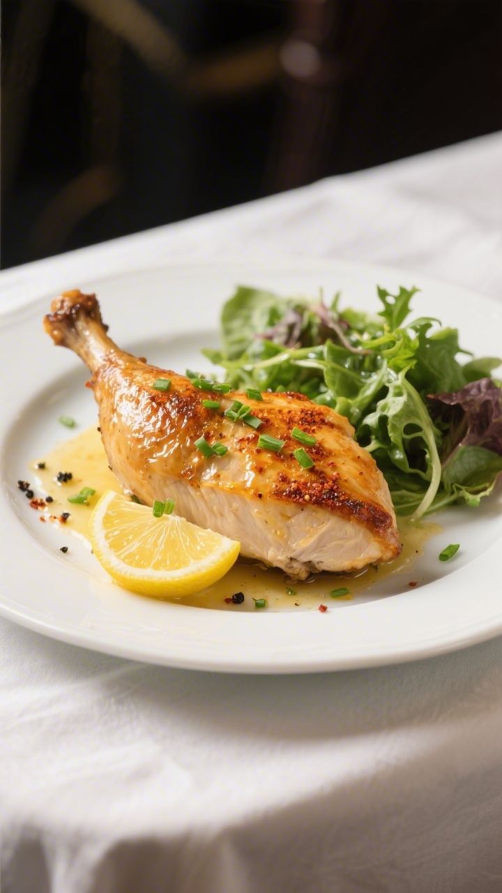 Final plated presentation: Beautifully plated oven-roasted bone-in chicken breast with golden, crisp