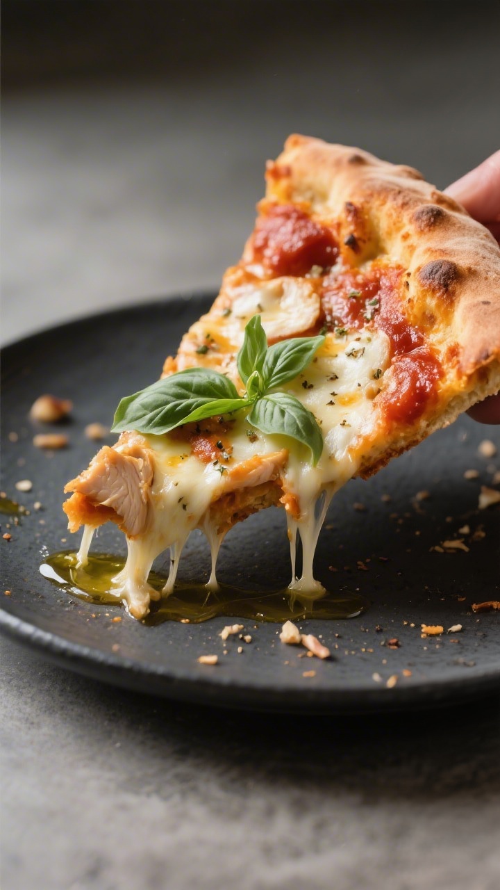 Final plated presentation, close-up slice: A single slice of chicken crust pizza lifted slightly off