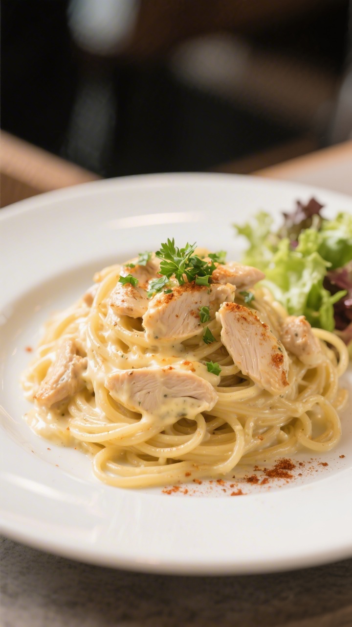 Final plated presentation: Restaurant-quality plate of cheesy chicken spaghetti twirled into a neat
